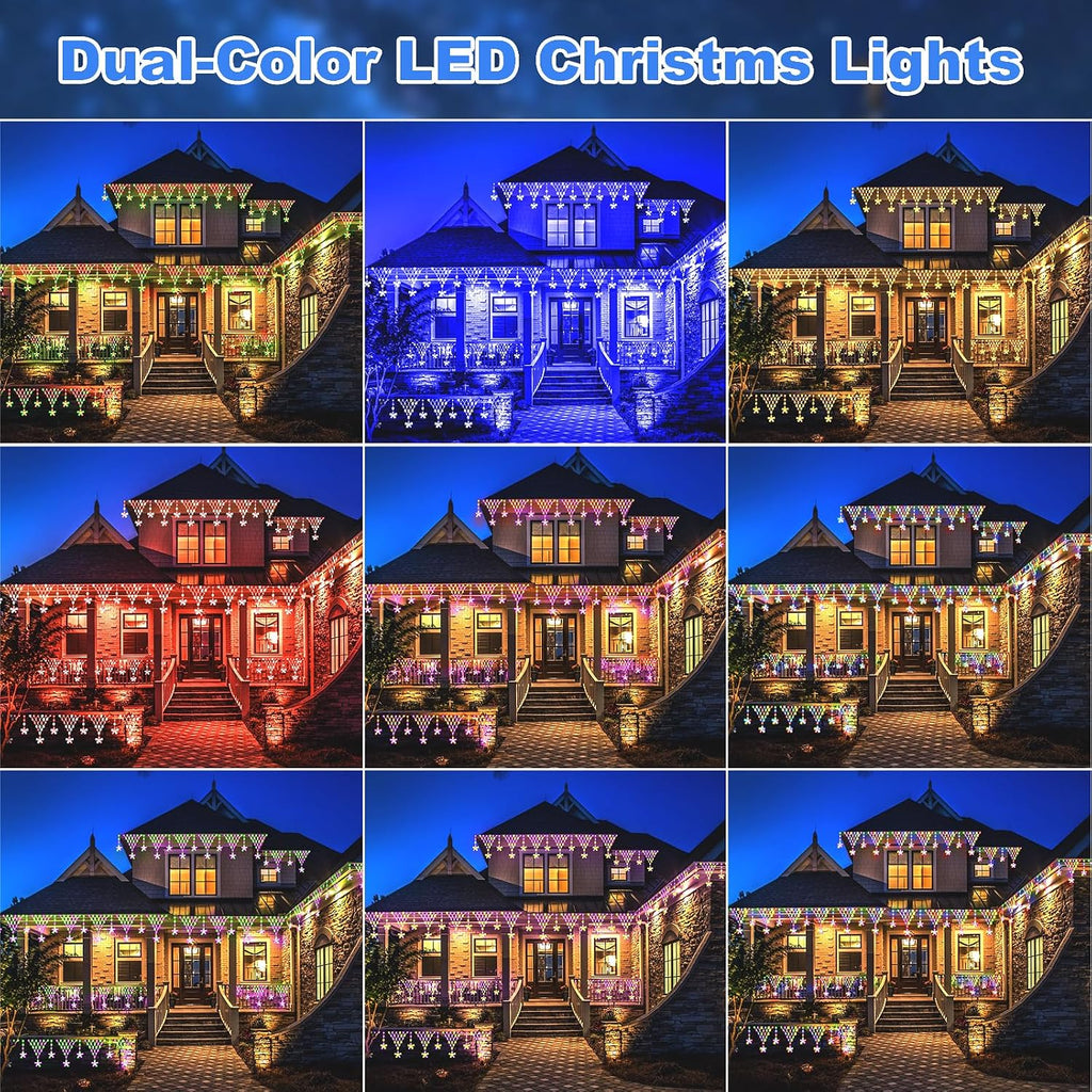 Outdoor Christmas Decorations Lights 13.8ft 200 LED Christmas Lights with 11 Stars,Dimmable Curtain Fairy Light with 8 Modes for Wedding Party Holiday Christmas Decor(RGB)