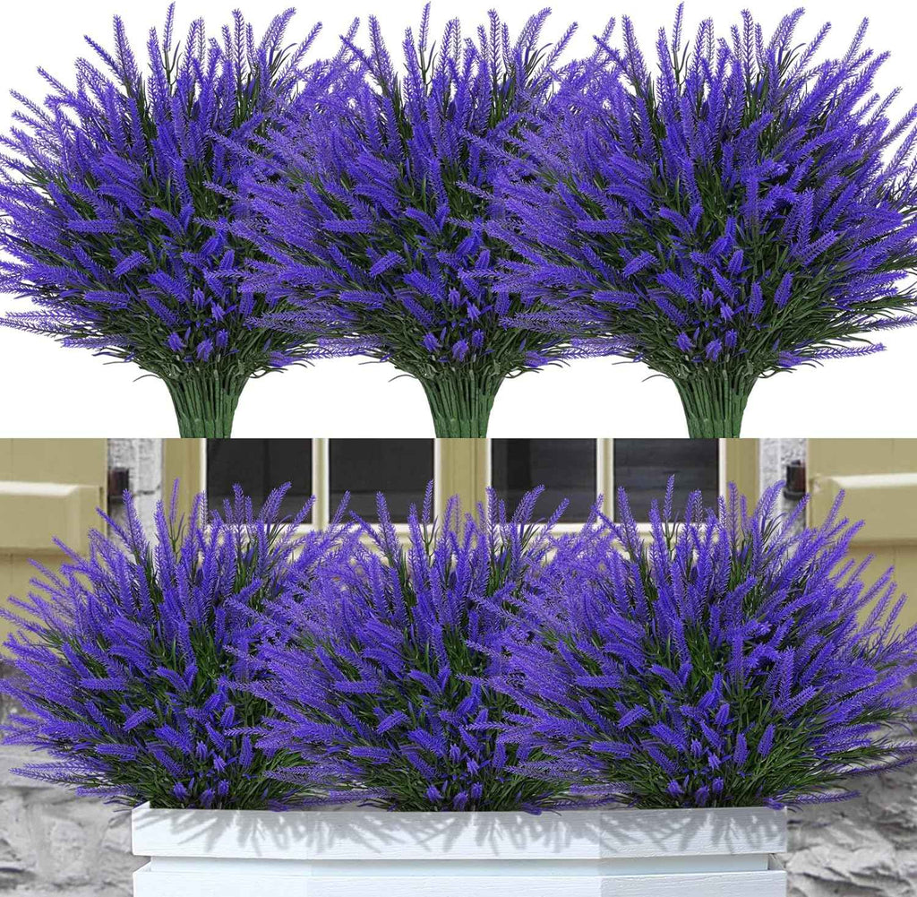12 Bundles Fake Outdoor Flowers UV Resistant Plants Artificial Lavender Faux Plastic Shrubs Window Box Garden Porch Home Decor(Purple)