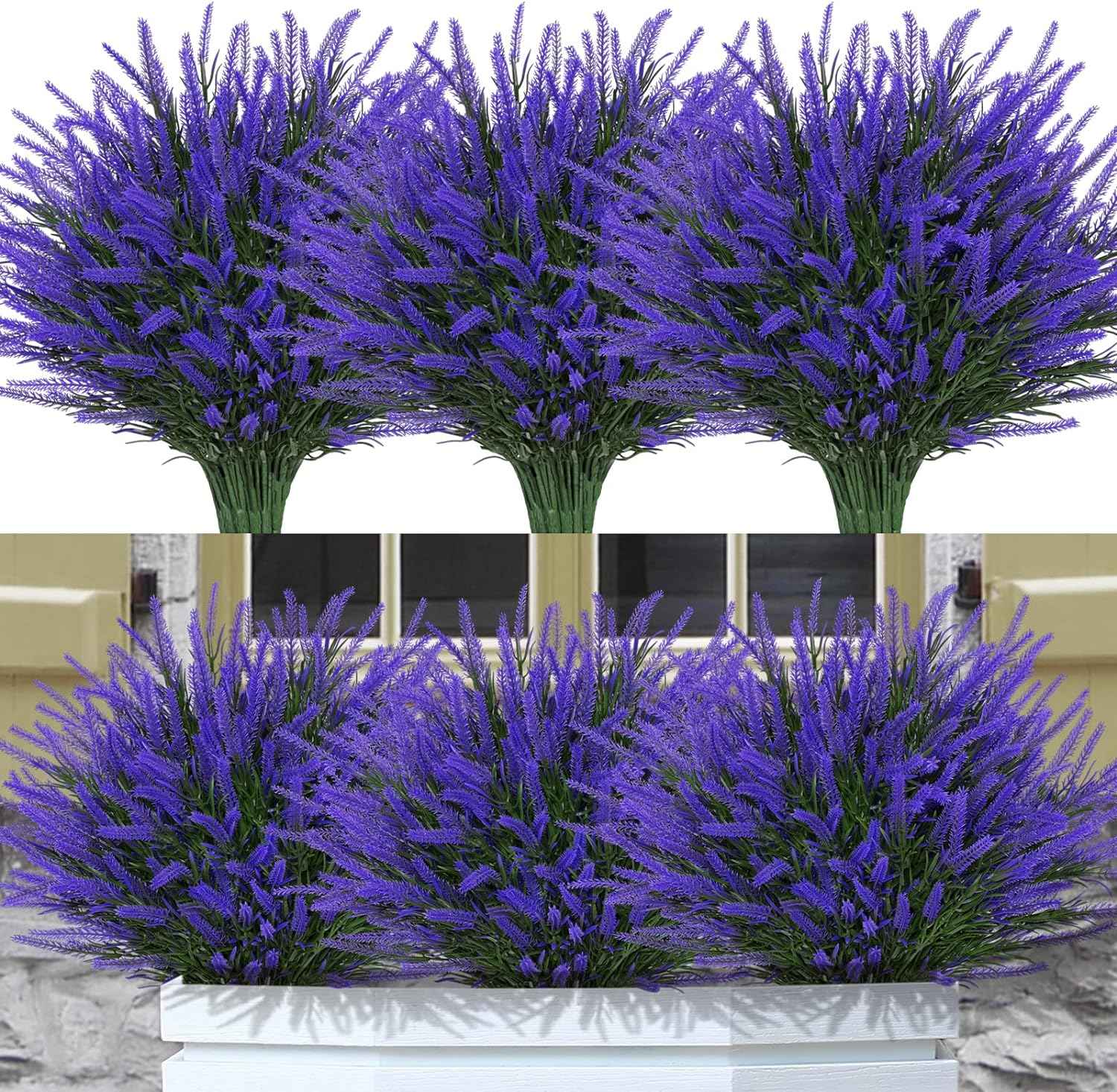 12 Bundles Fake Outdoor Flowers UV Resistant Plants Artificial Lavender Faux Plastic Shrubs Window Box Garden Porch Home Decor(Purple)