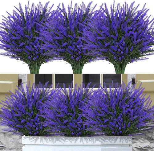 12 Bundles Fake Outdoor Flowers UV Resistant Plants Artificial Lavender Faux Plastic Shrubs Window Box Garden Porch Home Decor(Purple)