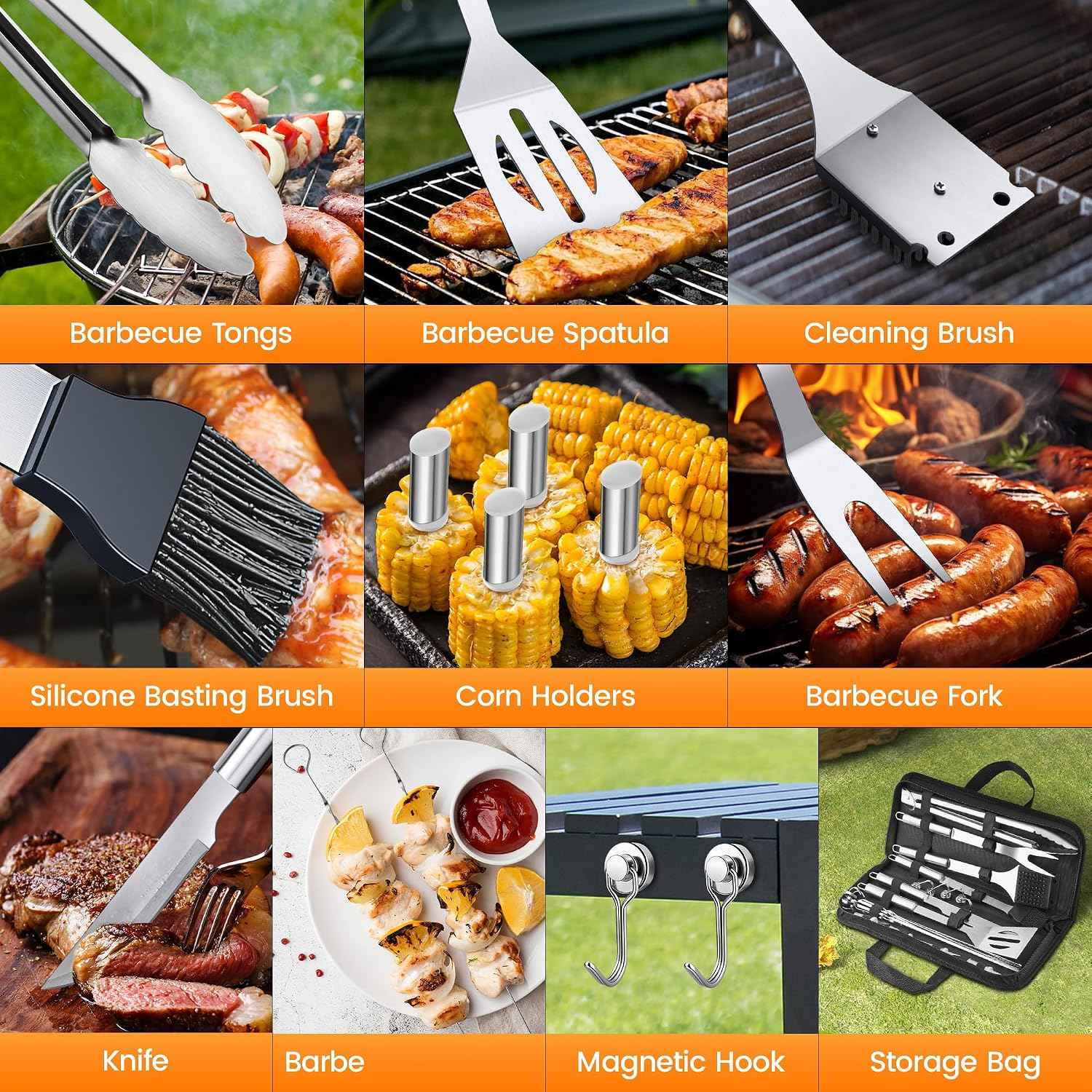 BBQ Accessories Grill Tools Set,Stainless Steel Barbecue Grill Accessories | Easy to Carry,with Canvas Bag,Barbecue Utensils Grilling Accessories,for Outdoor Barbecue,Gifts for Men ( Sliver-22PCS )