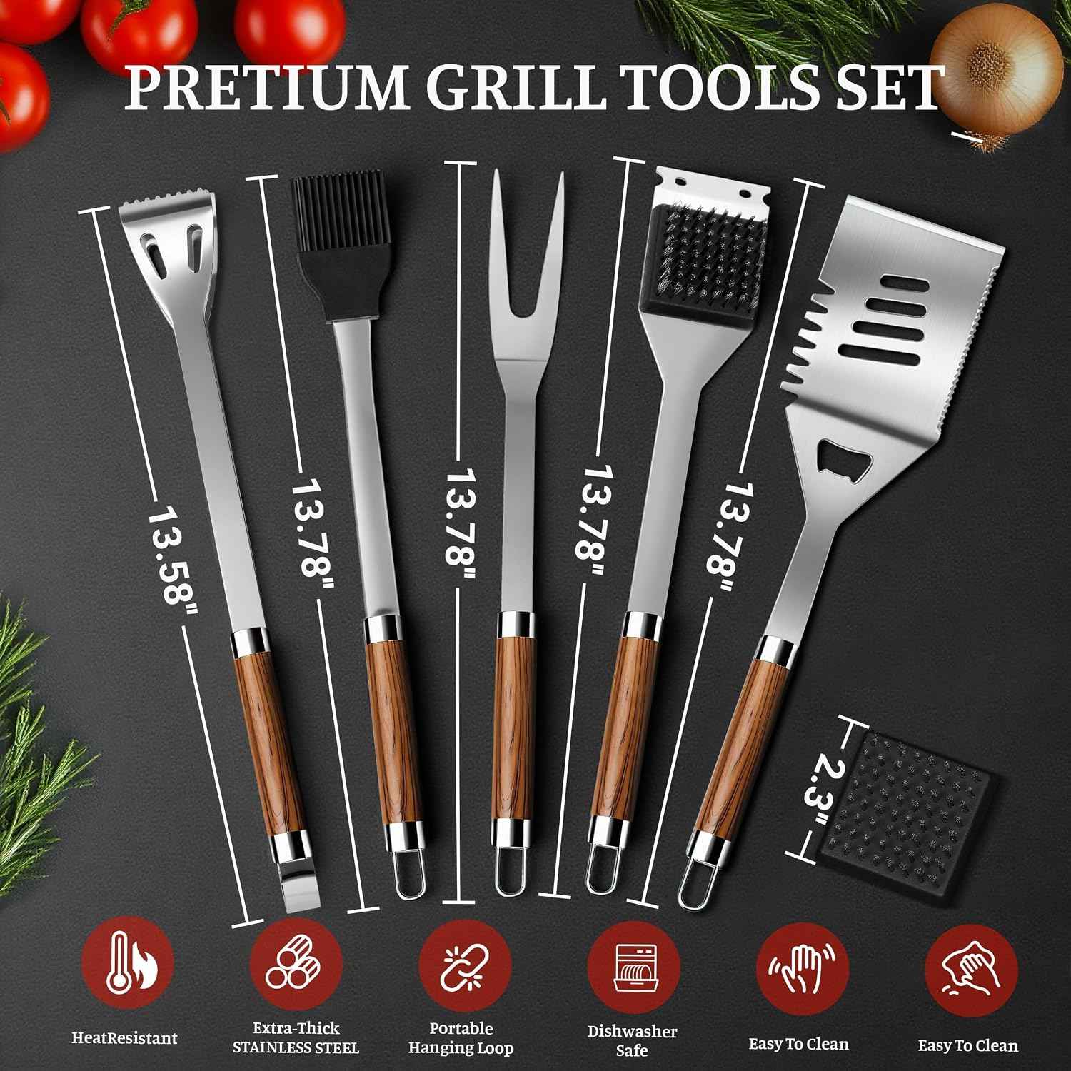 BBQ Grill Accessories, Stainless Steel Grilling Set with Storage Bag, Spatula, Fork, Cleaning Brush BBQ Accessories, Grill Tools Set for Outdoor Cooking Camping, Grilling Gifts for Men