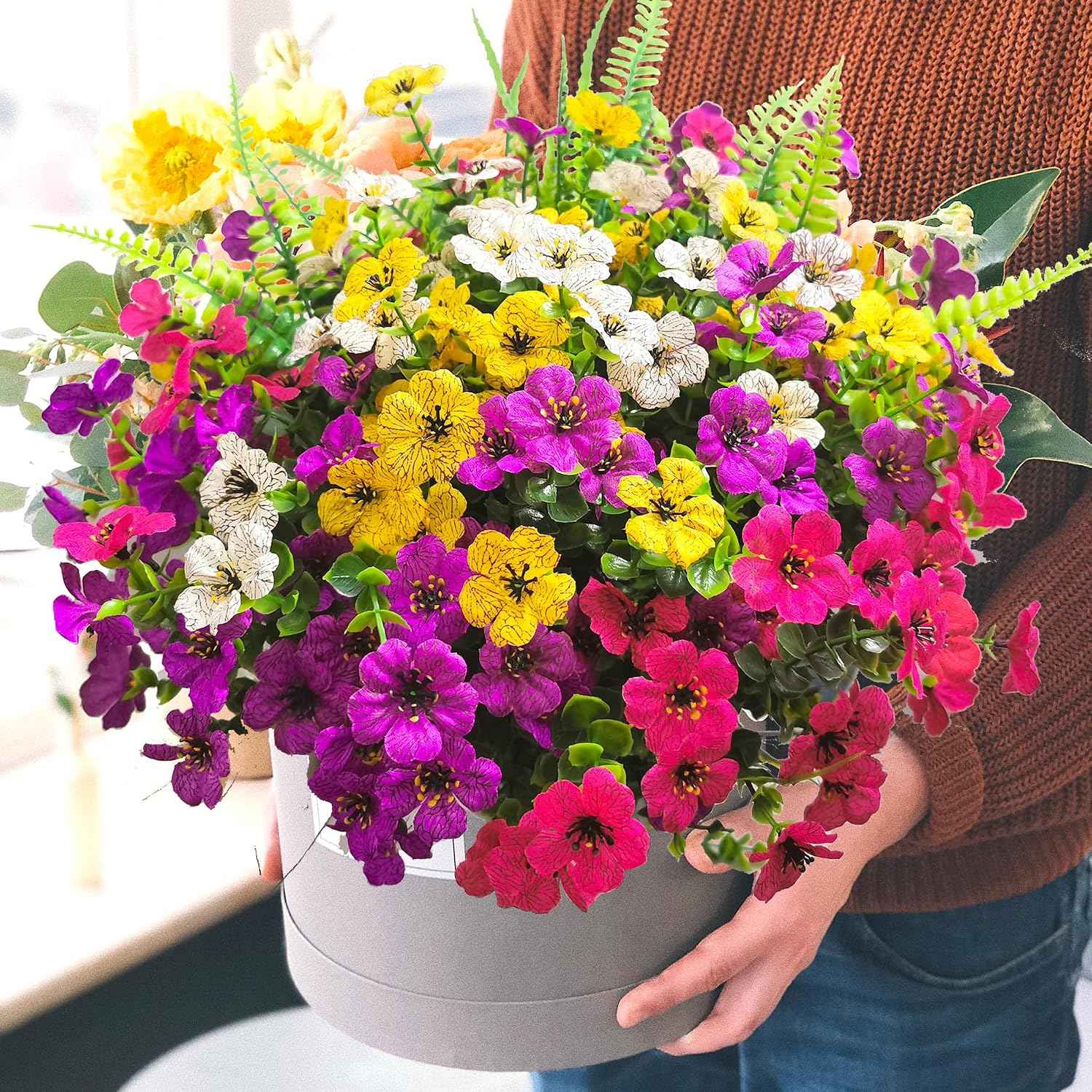 Artificial Fake Flowers for Outdoors,16 Bundles Artificial Plants Outdoor Faux Plants UV Resistant, Realistic Faux Silk Flower 6 Colors Spring Summer Decor for Porch Outside Planter Window Box