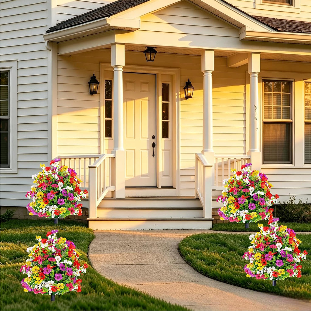 2 Pack Artificial Boxwood Topiary Ball Tree with Violet Flowers, 23.6" UV Resistant Faux Greenery Shrubs Plants with Ground Spike for Outdoors, Fake Bushes for Garden Front Porch Yard Decor