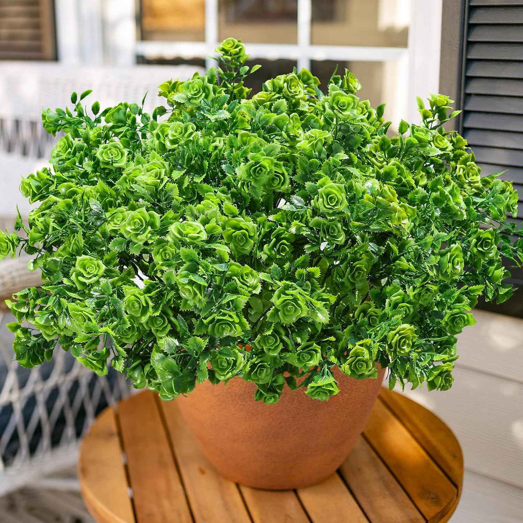 HyeFlora Artificial Plants for Outdoors Outside Spring Summer Decoration, 12 Bundles Faux Green Plastic Leaves Stems Bulk Fake Greenery Look Real UV Resistant for Home Porch Patio Planter Yard Wedding