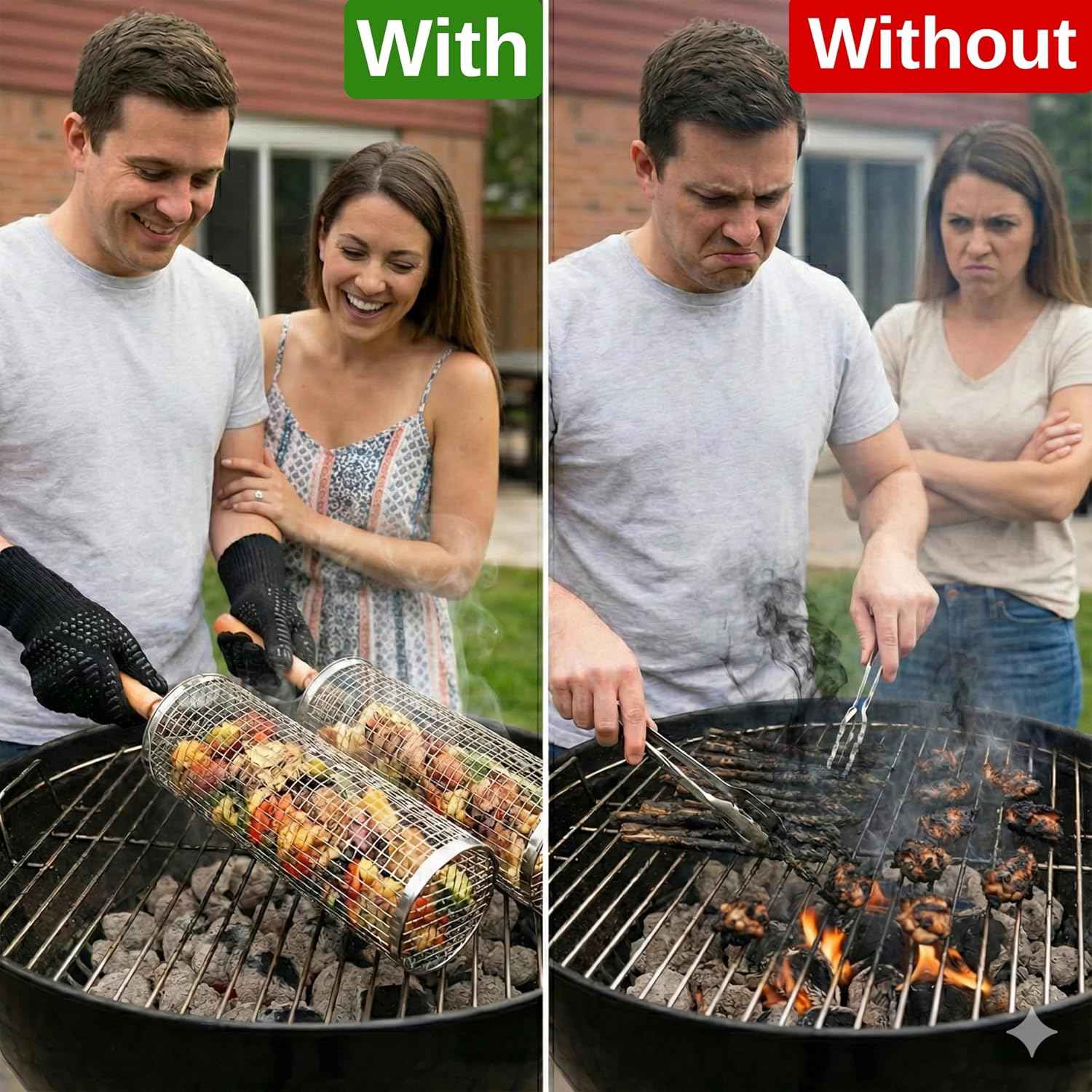 2X Rolling Grill Basket For Veggies Removable Wooden Handle 304 Stainless Steel Nesting Smoker Net BBQ Grilling Accessories Tools Kebab Fish Vegetable Steamer Basket Camping Cooking Outdoor Kitchen Food Rotisserie Barbeque Cooking Grilling Gifts For Me...