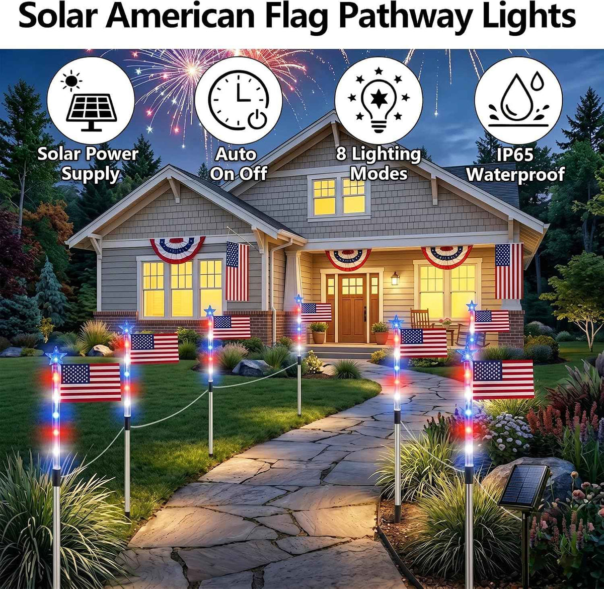 8 Pack Solar American Flag Pathway Lights - Patriotic Red White Blue Outdoor Stake Waterproof LED Lights with 8 Modes, Decorations 4th of July Memorial Day & Independence Day Yard Garden (Style A)