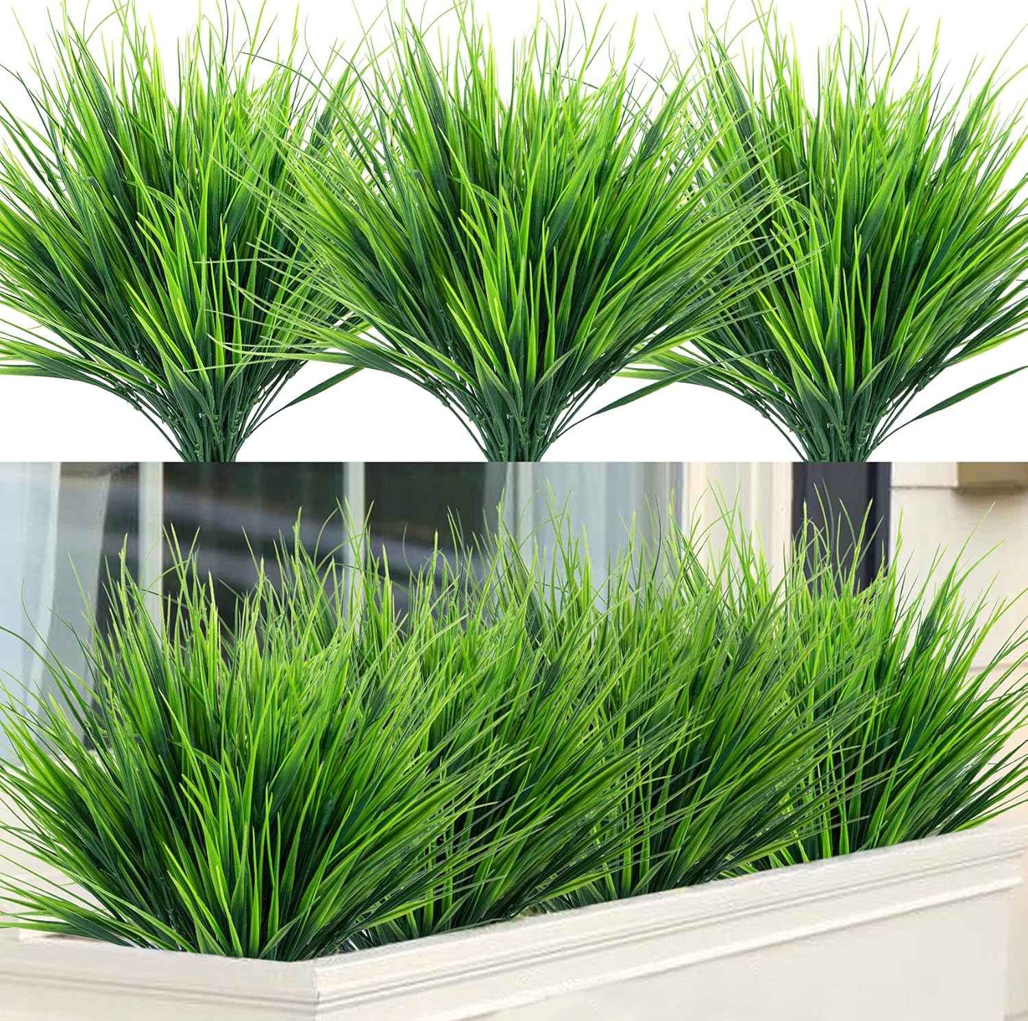 Ouddy Decor 12 Pcs Artificial Plants Outdoors Fake Greenery Stems, Green | Fake wheat grass, realistic, plastic shrubs, UV resistant, patio garden yard porch window planter box indoor home decor
