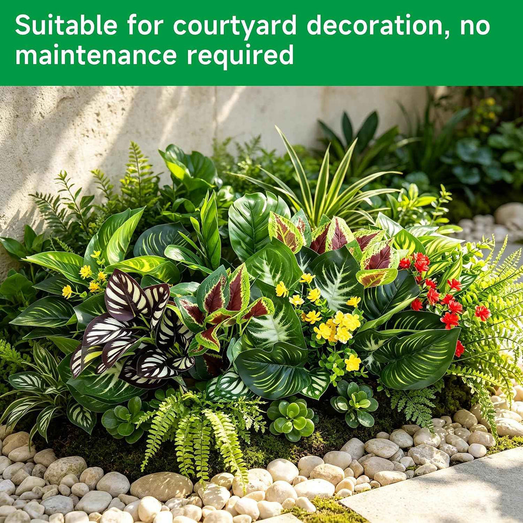 25 Bundles Outdoor Artificial Plants and Flowers Greenery Stems UV Resistant Fake Stems Plastic Leaves for Front Porch Home Decor Garden Porch Planter Window Box