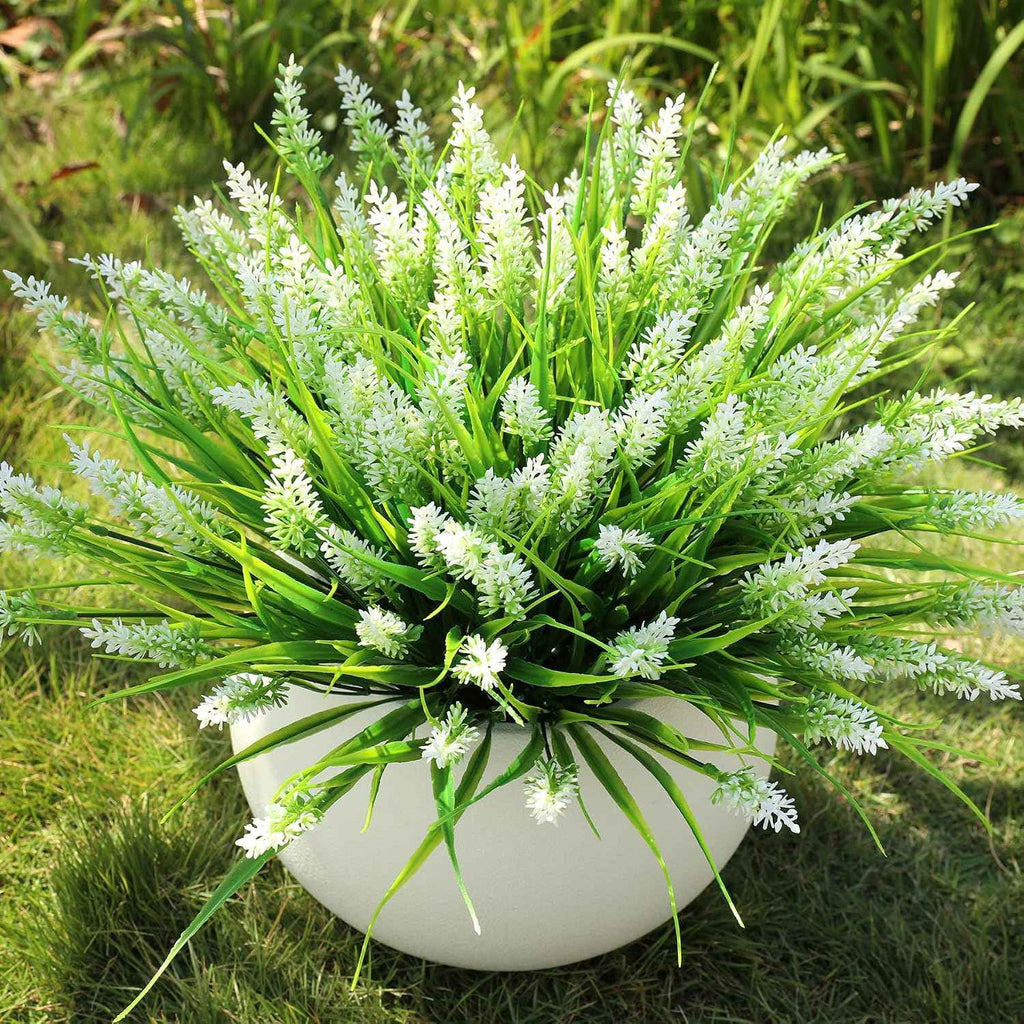 16PCS Artificial Flowers Outdoor, Fake White Monkey Grass Plants | UV Resistant, Plastic, Planter Filler for Hanging Baskets, Window Boxes & Planters, Porch, Patio Outdoor Decor