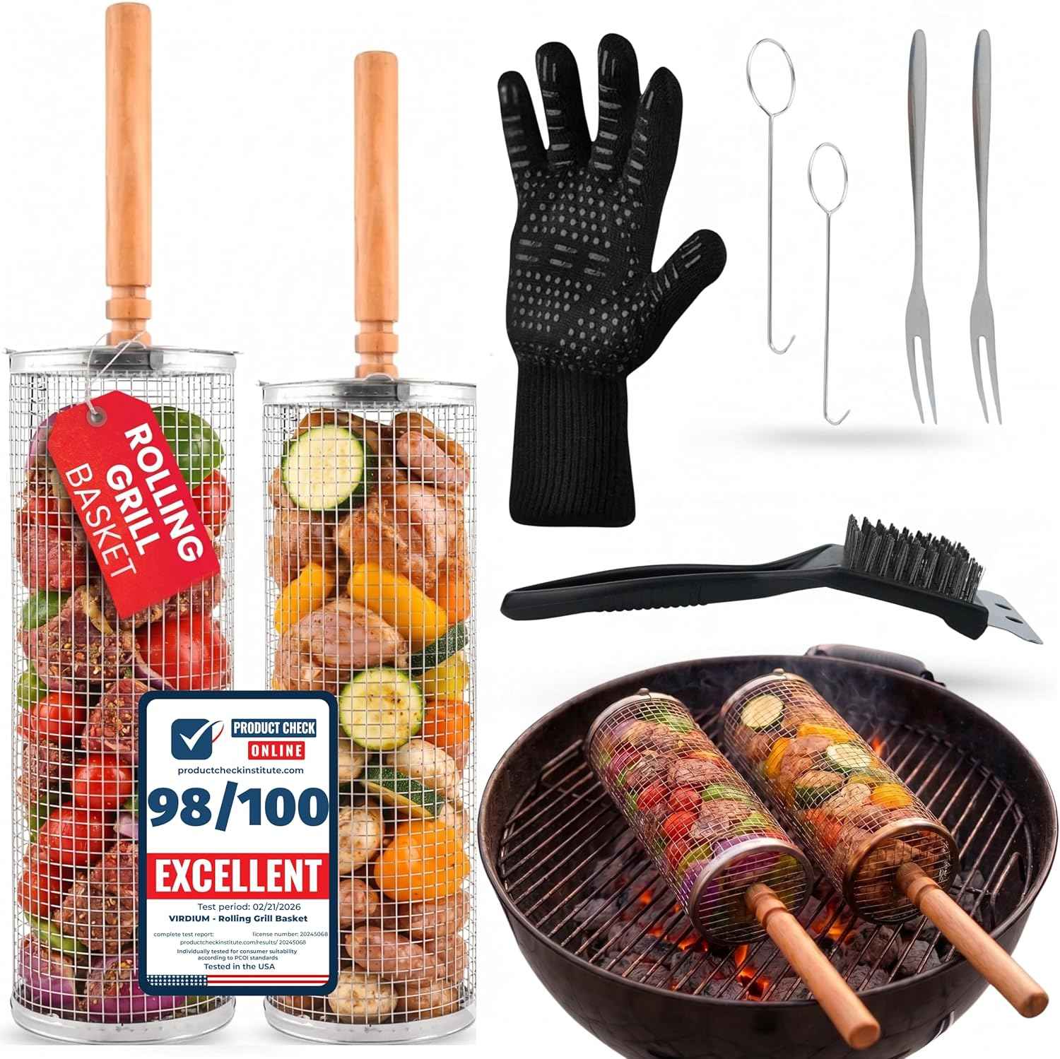 2X Rolling Grill Basket For Veggies Removable Wooden Handle 304 Stainless Steel Nesting Smoker Net BBQ Grilling Accessories Tools Kebab Fish Vegetable Steamer Basket Camping Cooking Outdoor Kitchen Food Rotisserie Barbeque Cooking Grilling Gifts For Me...