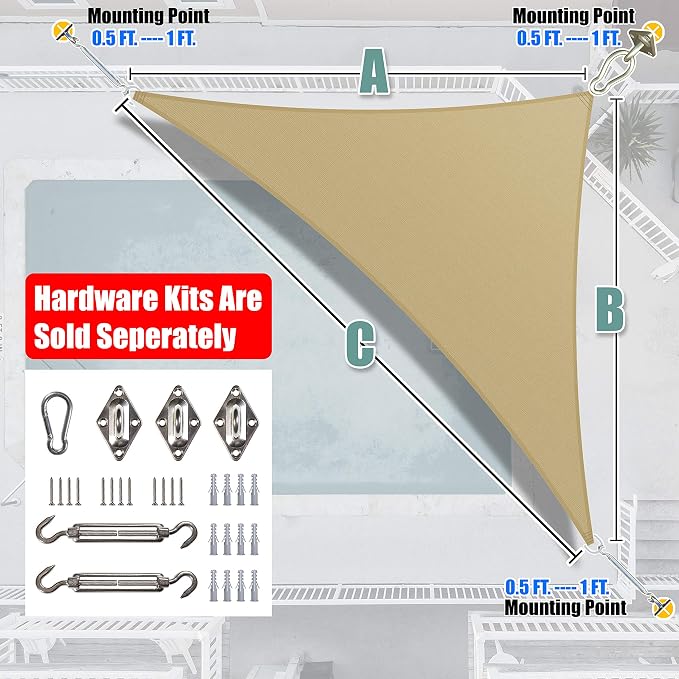 Amgo Custom Size 6' x 11' x 12.5' Sand Beige Right Triangle Sun Shade Sail - Image 8