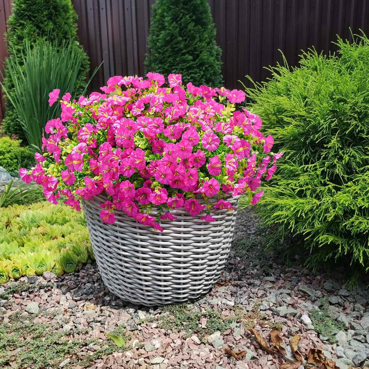 Artificial Flowers Fake Plants for Outdoors Decoration, 12 Bundles Silk Morning Glory with Eucalyptus Realistic UV Resistant Fuchsia Faux Flowers for Outside Planter Yard Patio Garden Home Indoor Urn