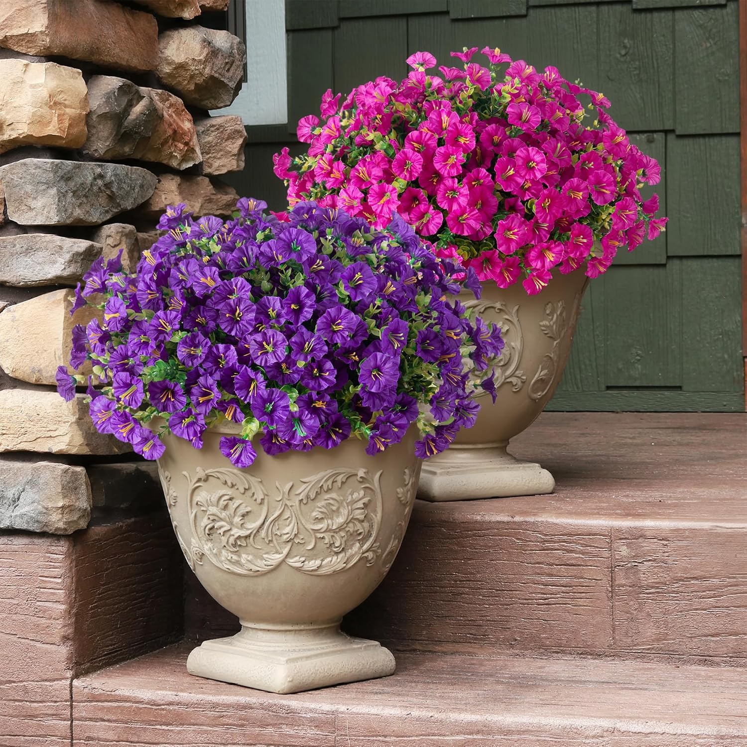 Artificial Flowers Fake Plants for Outdoors Decoration, 12 Bundles Silk Morning Glory with Eucalyptus Realistic UV Resistant Fuchsia Faux Flowers for Outside Planter Yard Patio Garden Home Indoor Urn