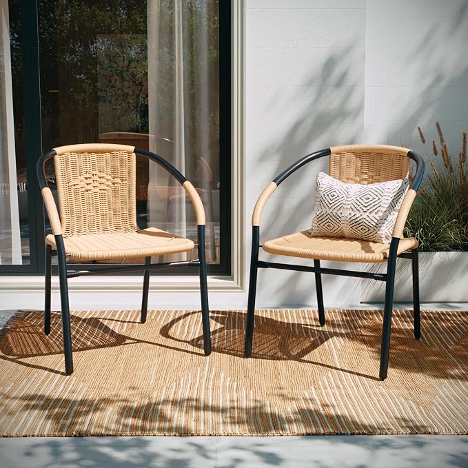 Flash Furniture Lila 2 Pack Beige Rattan Indoor-Outdoor Restaurant Stack Chair - Image 7