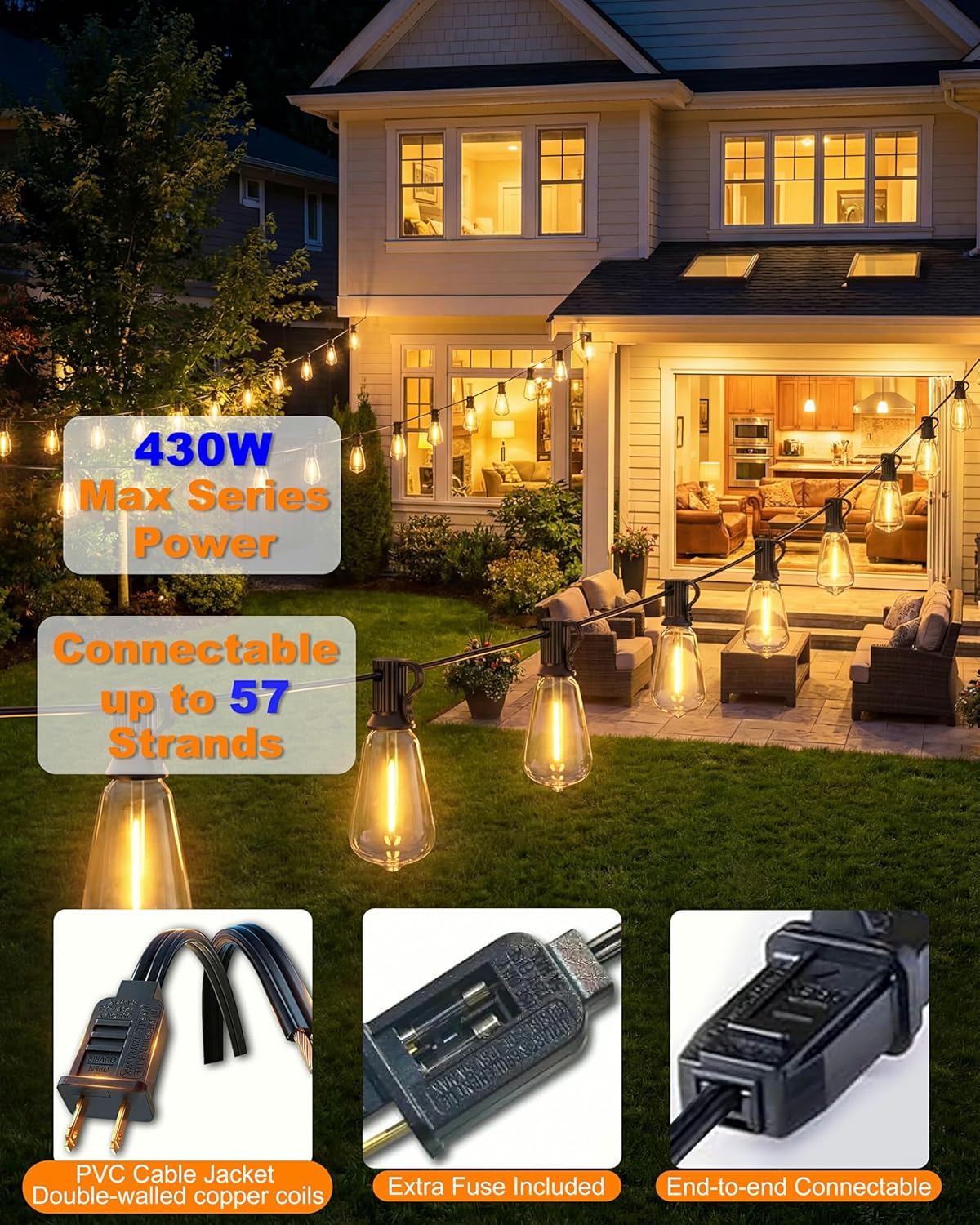 Outdoor String Lights 54FT Connectable ST38 Patio Lights Outdoor Waterproof | 15 Shatterproof Edison Bulbs Dimmable Plug-in, 2700K Warm White Hanging Light for Balcony Backyard Garden Porch Party Decor