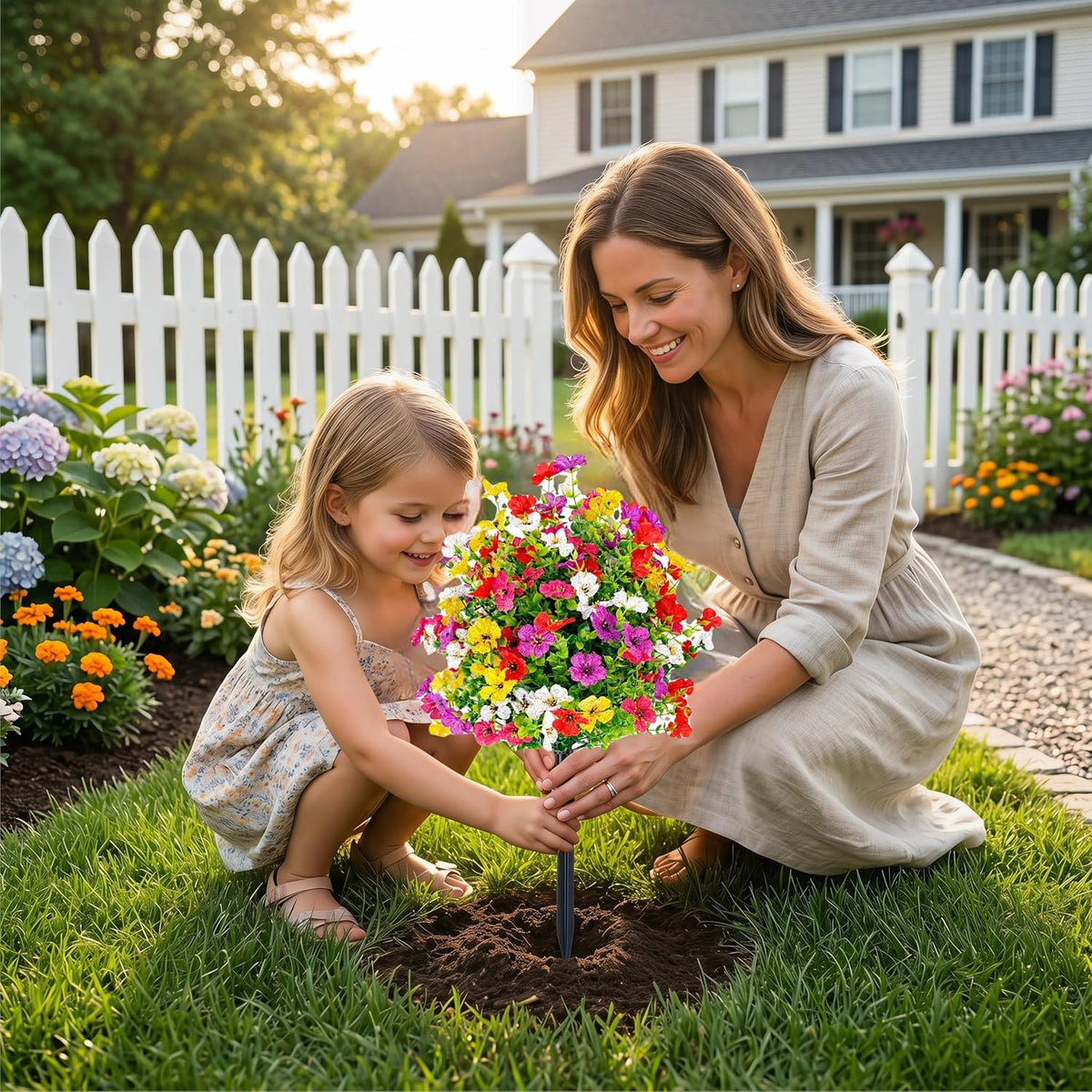 2 Pack Artificial Boxwood Topiary Ball Tree with Violet Flowers, 23.6" UV Resistant Faux Greenery Shrubs Plants with Ground Spike for Outdoors, Fake Bushes for Garden Front Porch Yard Decor