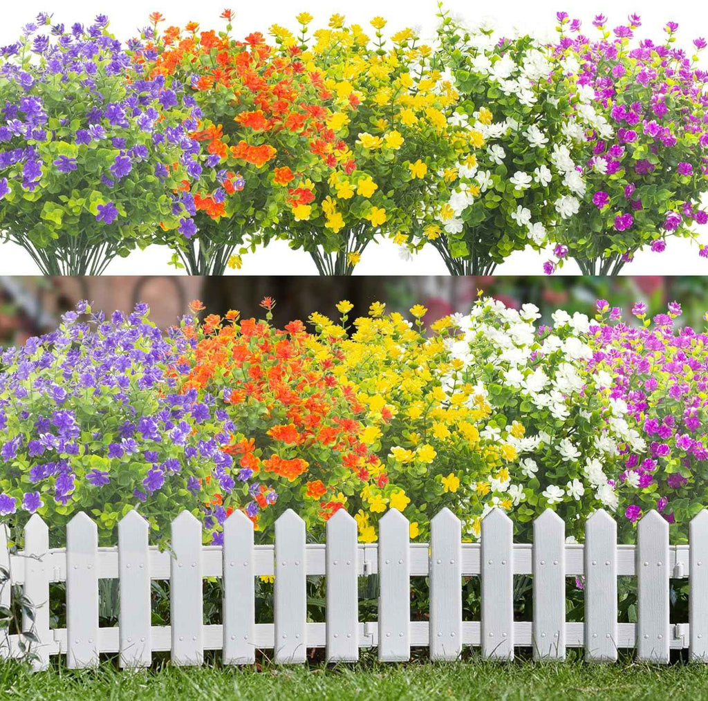 Grunyia 20 Bundles Outdoor Artificial Fake Flowers UV Resistant Boxwood Faux Plastic Plants for Hanging Garden Porch Window Box Outside Decoration(Mix)