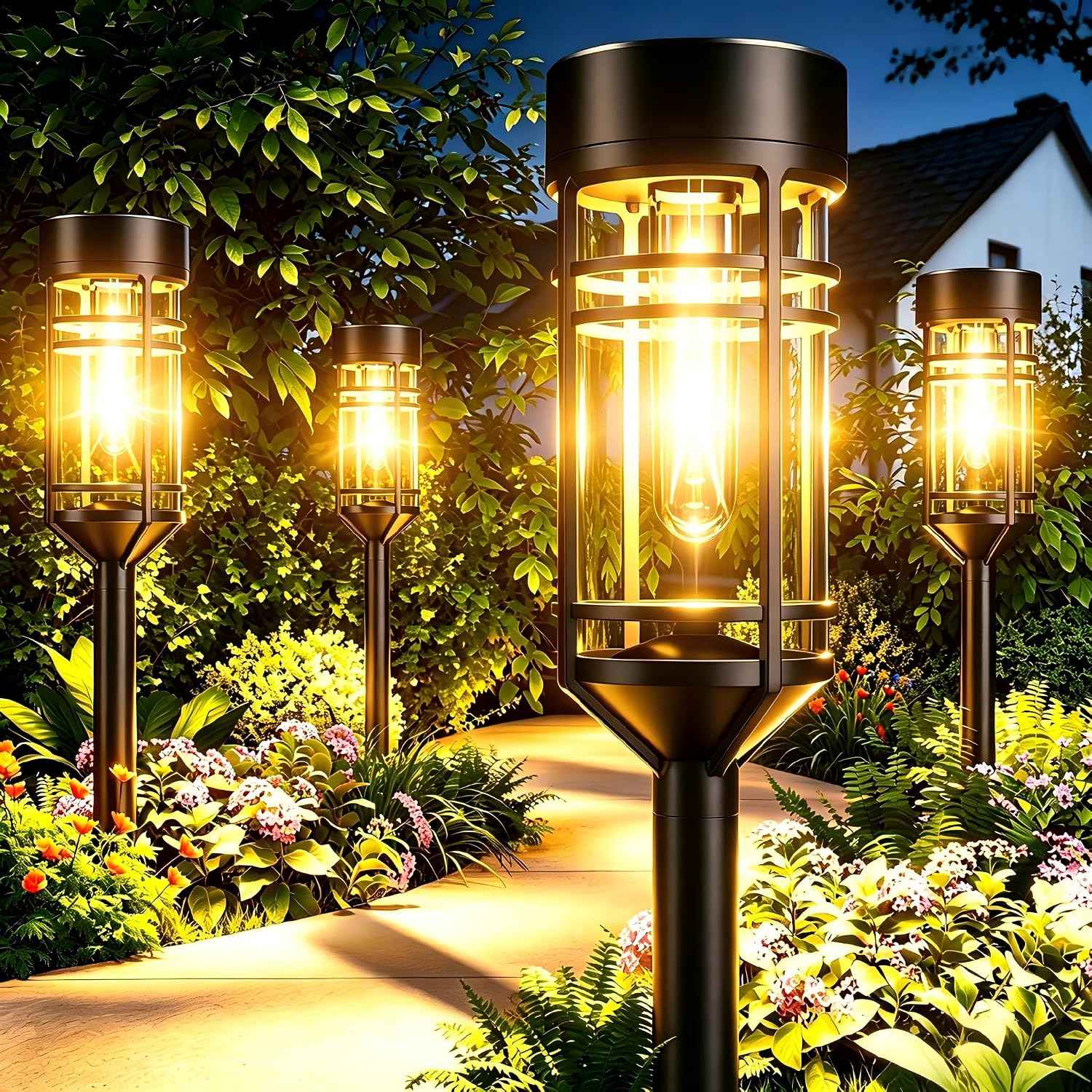 Amzarp 8 Pack Solar Garden Lights, Outdoor Bright LED Solar Pathway Lights | IP65 Waterproof Rugged Shatterproof Auto On/Off for Landscape Garden Yard Walkway Driveway Lawn Lighting（3000K Warm White）