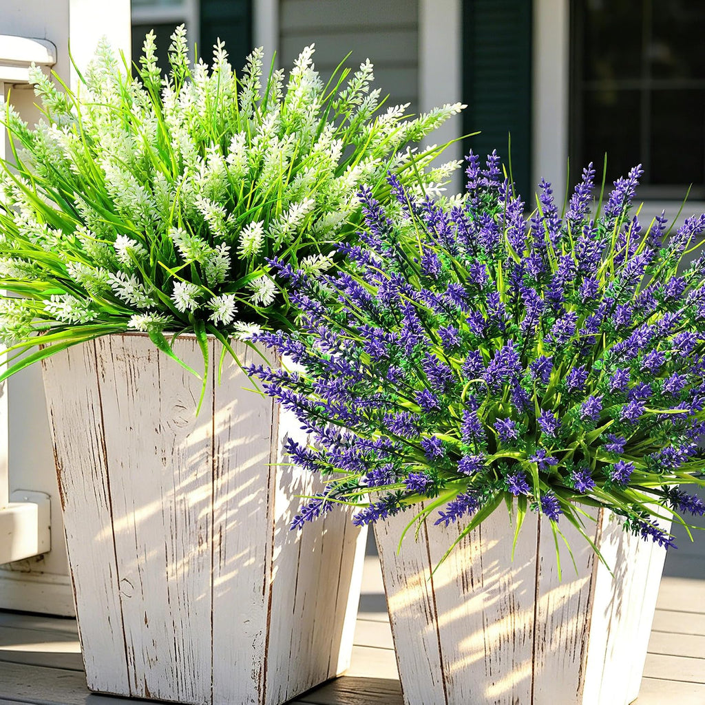 24 Bundles Faux Outdoor Plants, UV Resistant Artificial Fake Lavender Flowers with Monkey Grass for Outdoors, Realistic Faux Lavender Greenery Shrubs for Porch Yard Garden Window Box Home Decor