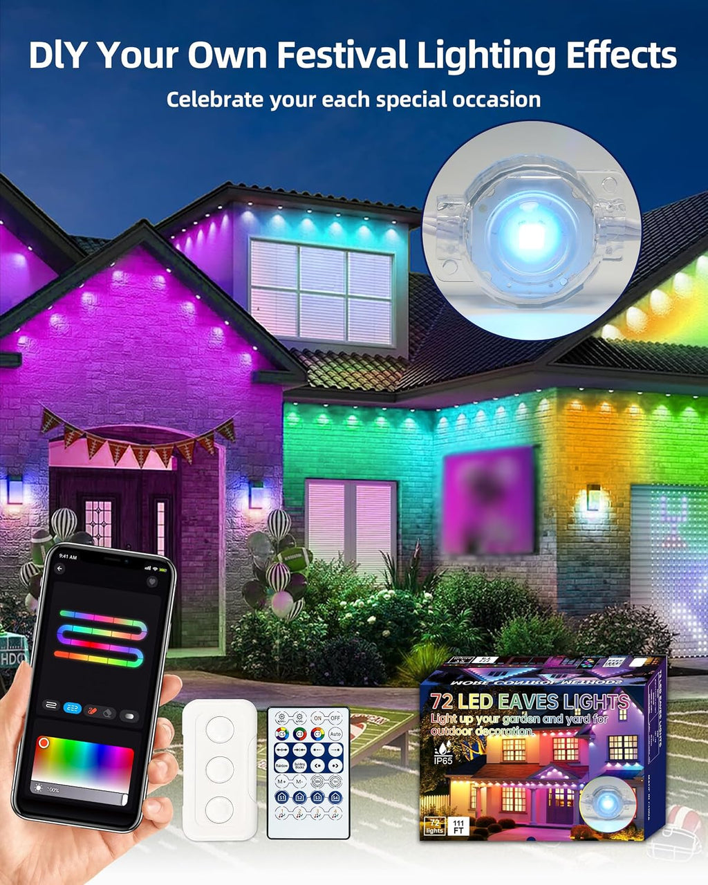 Permanent Outdoor Lights, 111ft with Smart 72 LED Light with App Control, DIY Scene Modes IP65 Waterproof Christmas Outdoor Lights Outside Roofline Decor, Garden Decor, Party, Holiday Xmas