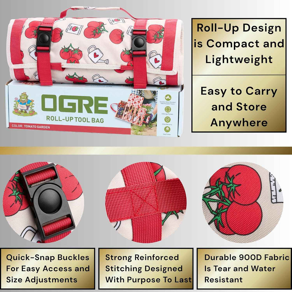 OGRE Roll-Up Garden Tool Bag Only, Heavy-Duty Organizer with 6 Pockets | 900D polyester, water resistant, lays flat, hangs vertically, compact storage, reinforced stitching