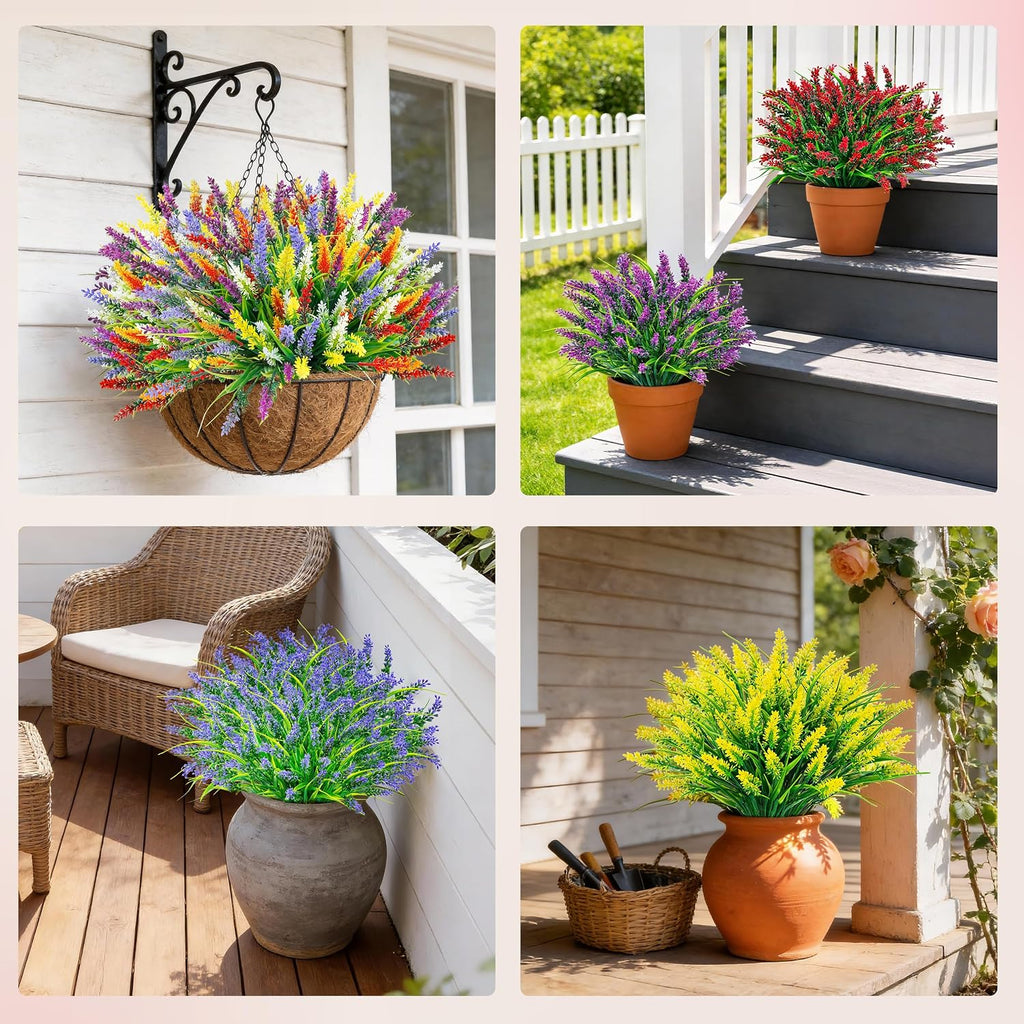Der Rose 24 Bundles Artificial Plants Outdoor Fake Lavender Flowers UV Resistant Faux Plants Monkey Grass for Garden Porch Fence Patio Window Box Decor（Colorful）