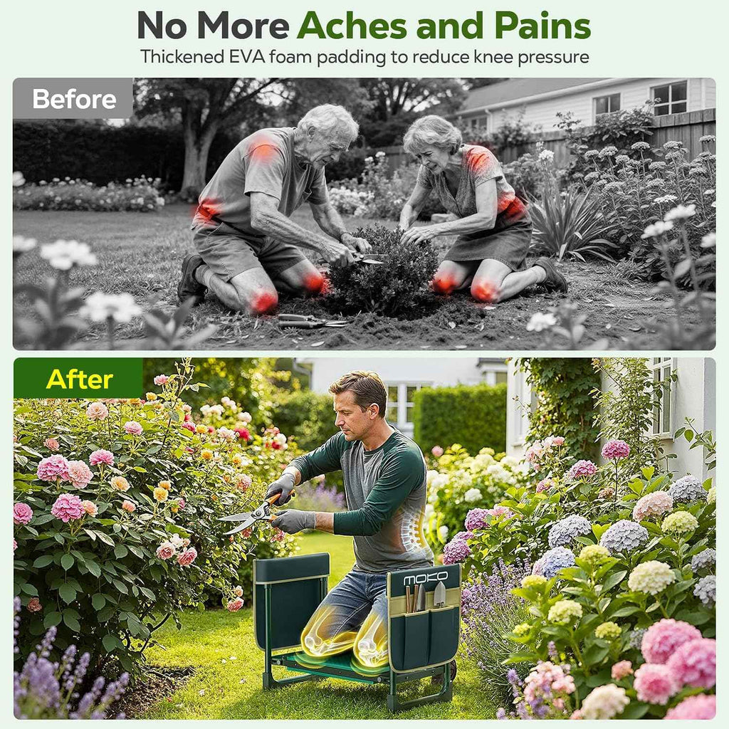 MoKo Garden Kneeler, 350 lb Foldable Garden Kneeler and Seat Tool Bag,Green | 2-in-1 Heavy Duty Gardening Stool,10.2in widened seat cushion and 2 Oxford tool bag, Gardening Gifts for Women, Seniors,