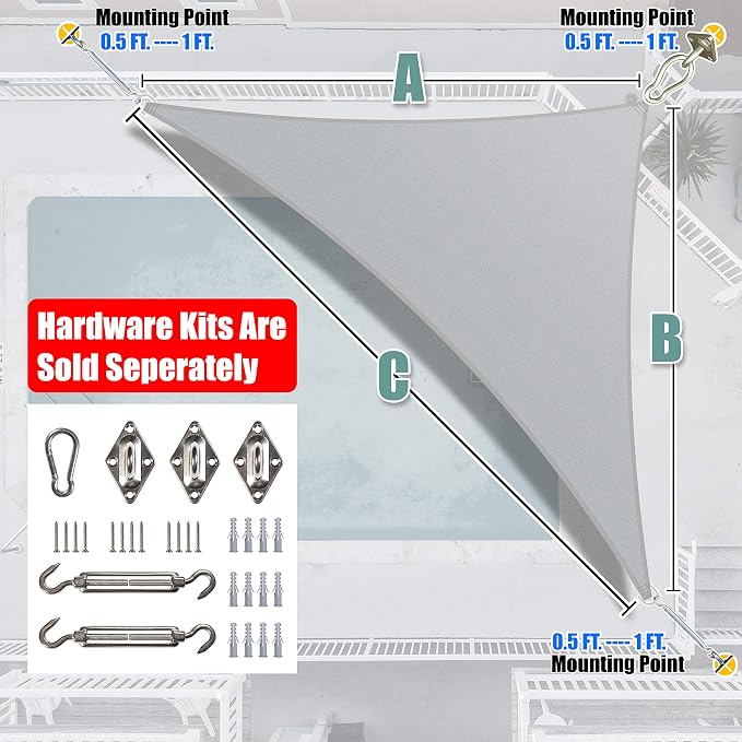 Amgo Custom Size 12' x 20' x 23.3' Grey Right Triangle Sun Shade Sail Order to - Image 7