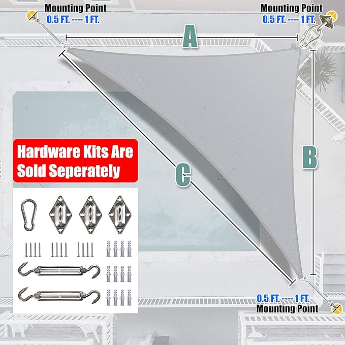 Amgo Custom Size 7' x 13' x 14.8' Gray Right Triangle Sun Shade Sail UPF50+ - Image 8
