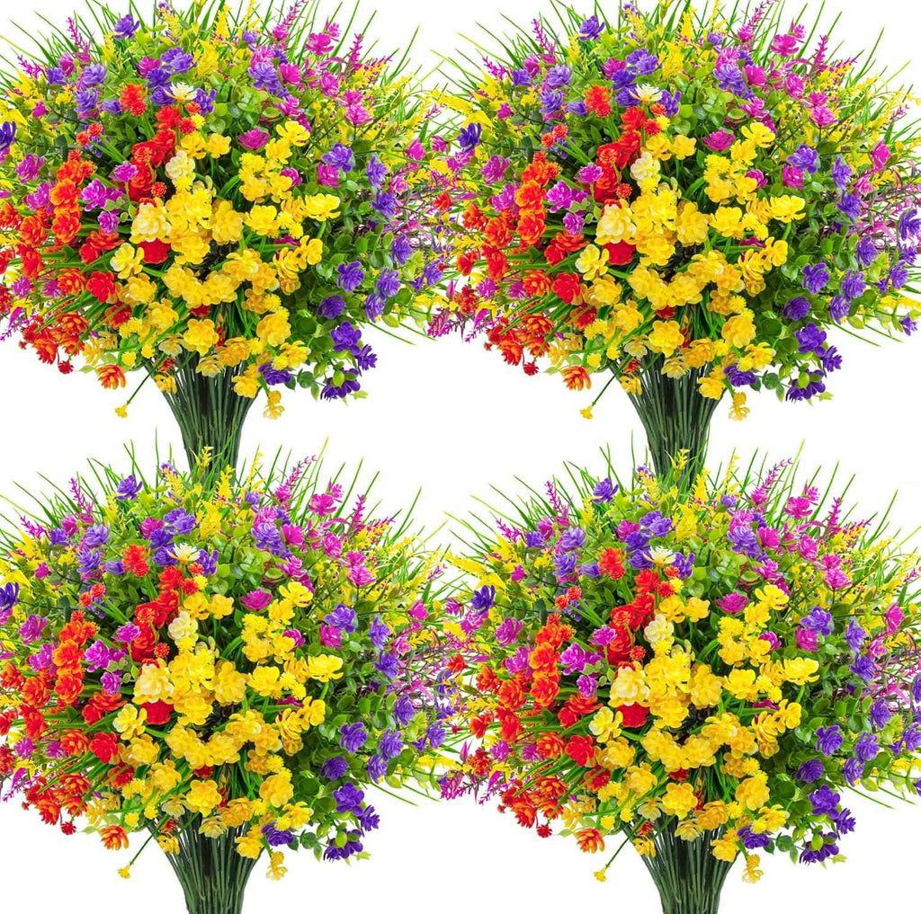 Ouddy Decor 16 Pcs Artificial Flowers for Outdoors Decorations, Mixed Color | fake plastic plants, faux shrubs, greenery wheat grass, UV resistant, garden patio window box office table kitchen home decor