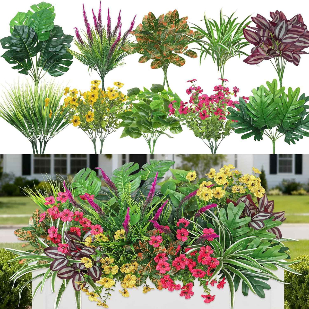 Dremisland 20 Bundles Fake Flowers Artificial Plants for Outdoors UV Resistant Faux Greenery Stems Silk Flowers Realistic Plastic Ferns Shrubs Plants for Planter Garden Patio Window Box Home Decor
