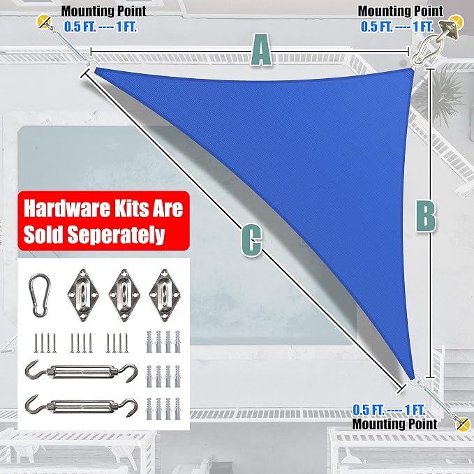 Amgo Custom Size 19' x 21' x 28.3' Blue Right Triangle Sun Shade Sail UPF50+ - Image 8