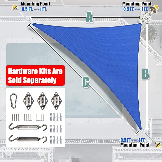 Amgo Custom Size 13' x 22' x 25.6' Blue Right Triangle Sun Shade Sail UPF50+ - Image 8