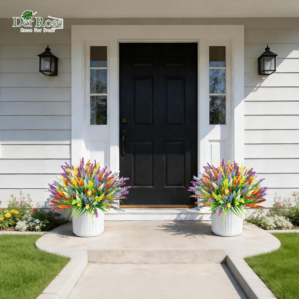 Der Rose 24 Bundles Artificial Plants Outdoor Fake Lavender Flowers UV Resistant Faux Plants Monkey Grass for Garden Porch Fence Patio Window Box Decor（Colorful）
