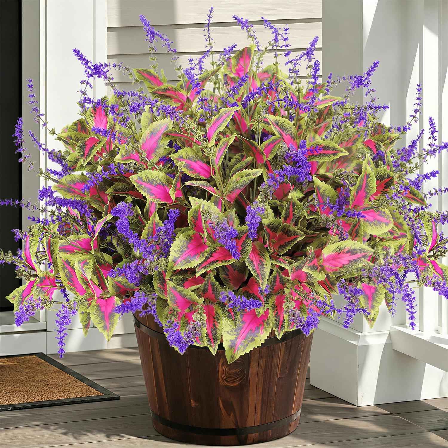 Artificial Outdoor Plants, 20 Bundles Faux Plants for Outdoor Planters, Realistic Coleus Greenery with Purple Flowers, UV Resistant for Porch Patio Garden Decor