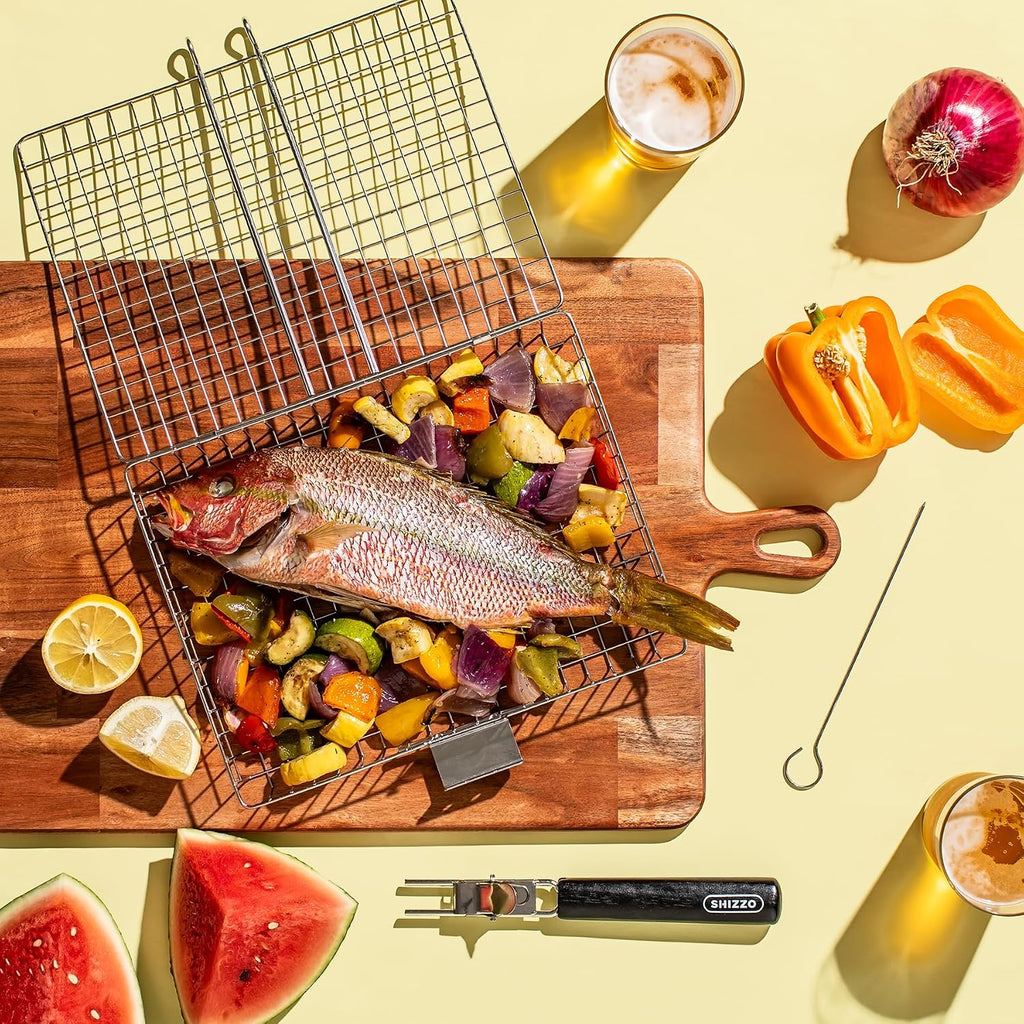 SHIZZO Grill Basket Gift Set with Skewers, Basting Brush, Gift Box | Removable Handle, Stainless Steel BBQ Grilling Rack for Fish Vegetables, Outdoor Camping Accessory, Gifts for Men Dad Husband