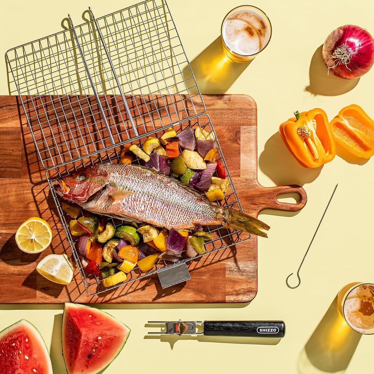 SHIZZO Grill Basket Gift Set with Skewers, Basting Brush, Gift Box | Removable Handle, Stainless Steel BBQ Grilling Rack for Fish Vegetables, Outdoor Camping Accessory, Gifts for Men Dad Husband