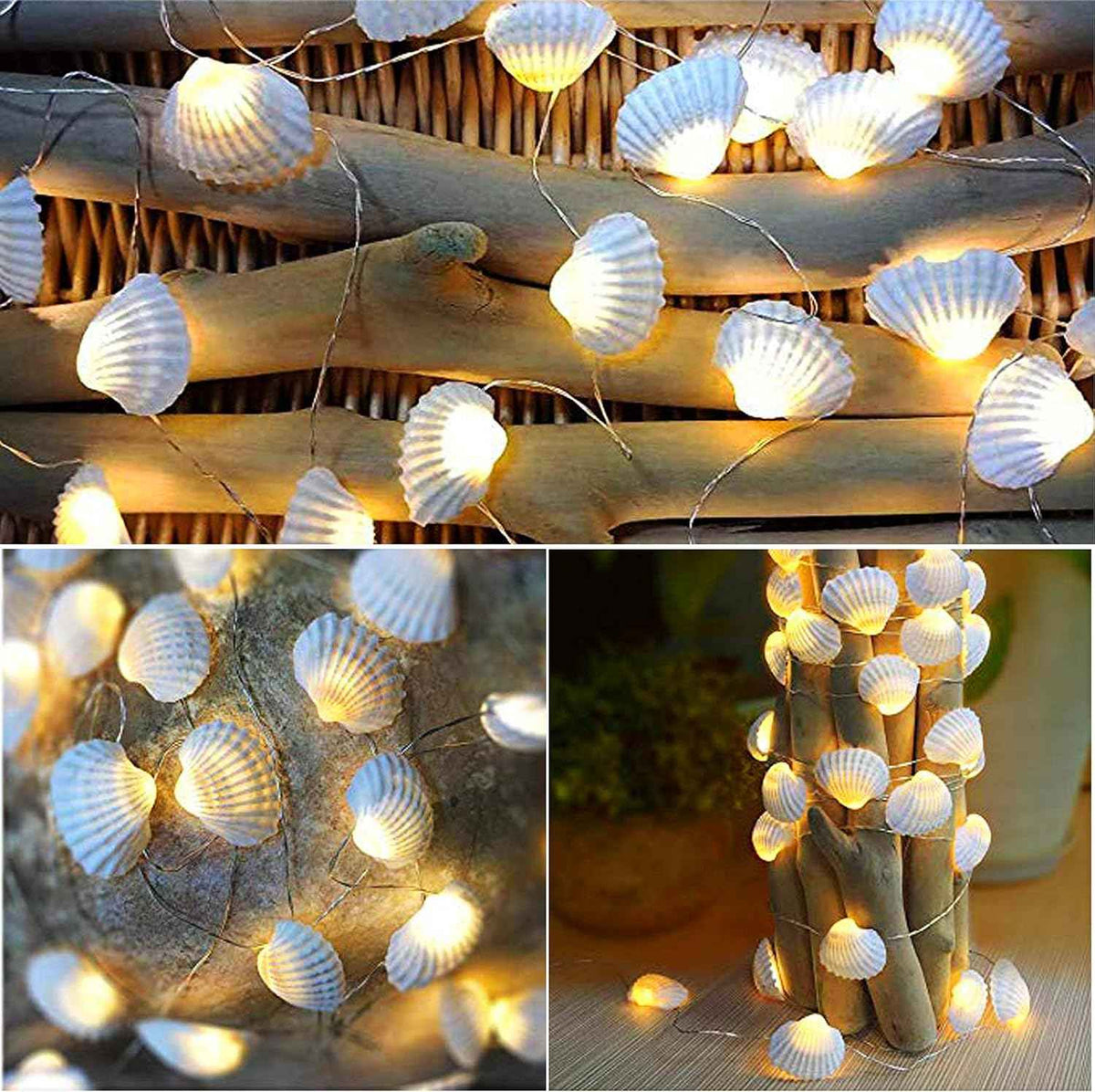 Natural Seashell String Lights 13.2ft 40 LED 8 Modes Warm White Weatherproof Battery Operated Ocean Theme Lights for Bedrooms Parties Weddings Gardens with Remote and Timer (Natural Shell)