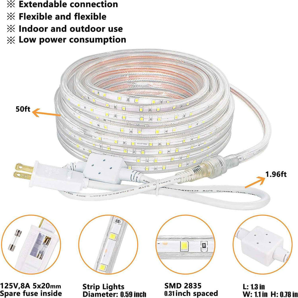 SURNIE 50ft LED Rope Lights Outdoor Waterproof, 110V Flexible Daylight White Bright Lighting Cuttable Connectable, Cool Clear Flat Strip Light 6000K for Outside Deck Patio Camping Decor, Not Tube Rope