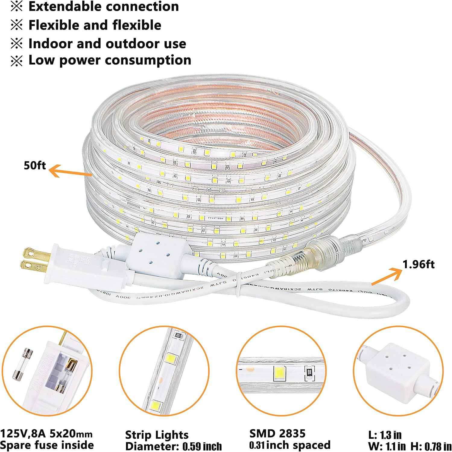 SURNIE 50ft LED Rope Lights Outdoor Waterproof, 110V Flexible Daylight White Bright Lighting Cuttable Connectable, Cool Clear Flat Strip Light 6000K for Outside Deck Patio Camping Decor, Not Tube Rope