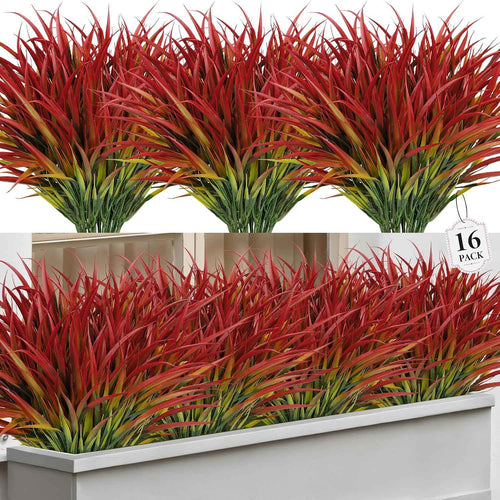 16 Pcs Artificial Plants Outdoor Fake Grass, Red | Plastic grass, faux greenery stems, UV resistant, adjustable stems, indoor outdoor planters patio garden porch pathway