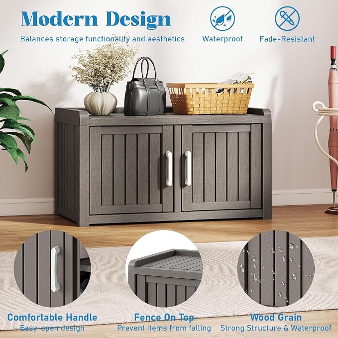 2-Tier Storage Bench, Waterproof UV-Resistant Outdoor Shoe Storage Cabinet - Image 4