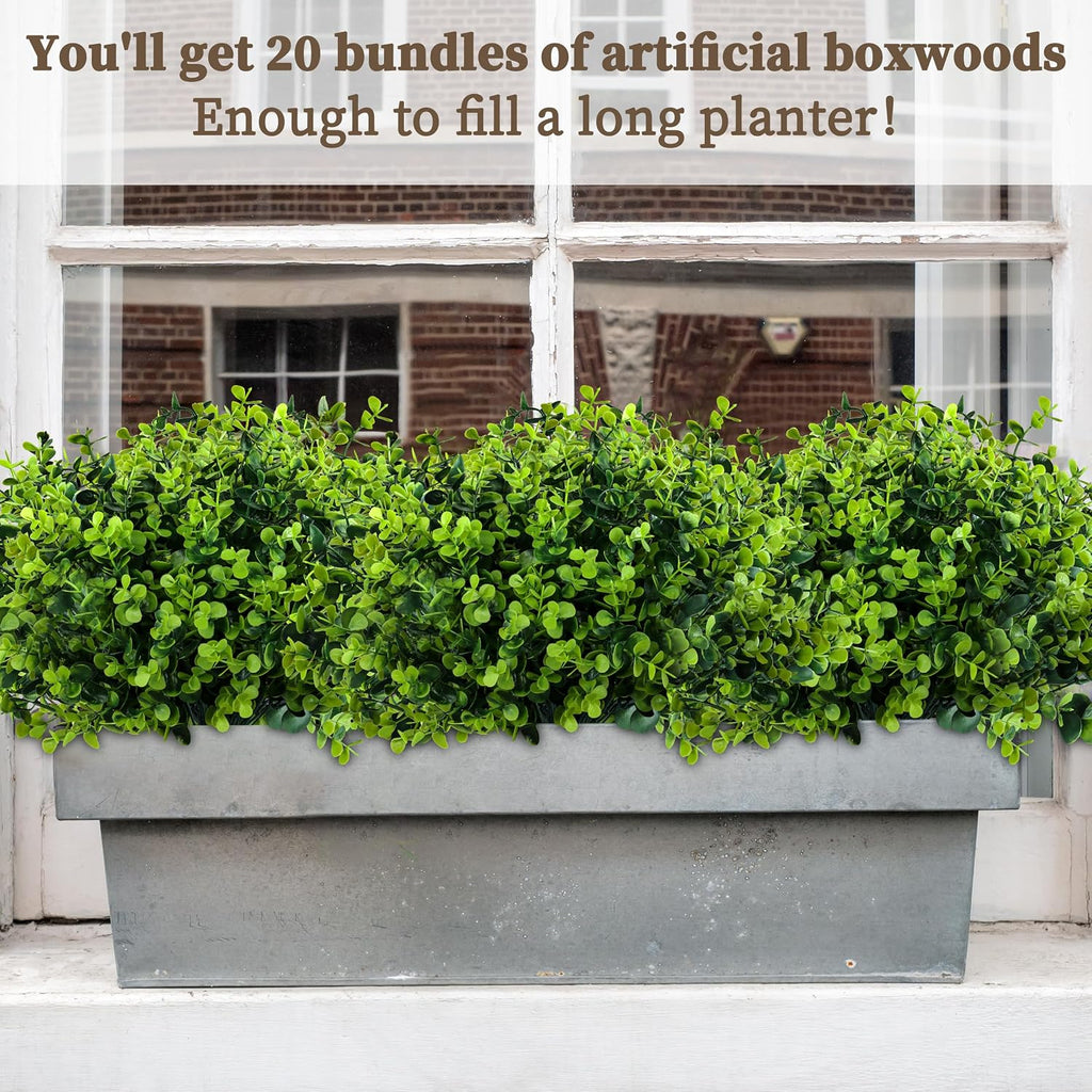 ColoPlay 20 Bundles Artificial Greenery Boxwood Plants, Fake Outdoor Plants | Artificial Plants Outdoor/Indoor, Fake Plant for Ouside Garden Porch, Window Box, Home Wedding, Farmhouse