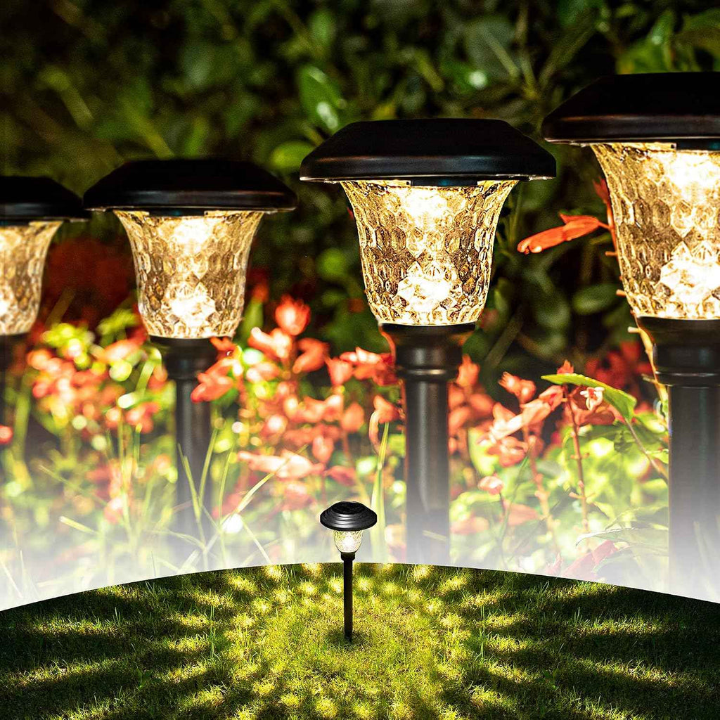 GIGALUMI Metal & Glass Solar Lights Outdoor, 8 Pack LED Garden Lights | Solar Pathway Lights Waterproof IP65, Warm White Landscape Path Lights, Garden Decor for Yard, Patio, Walkway (Black)