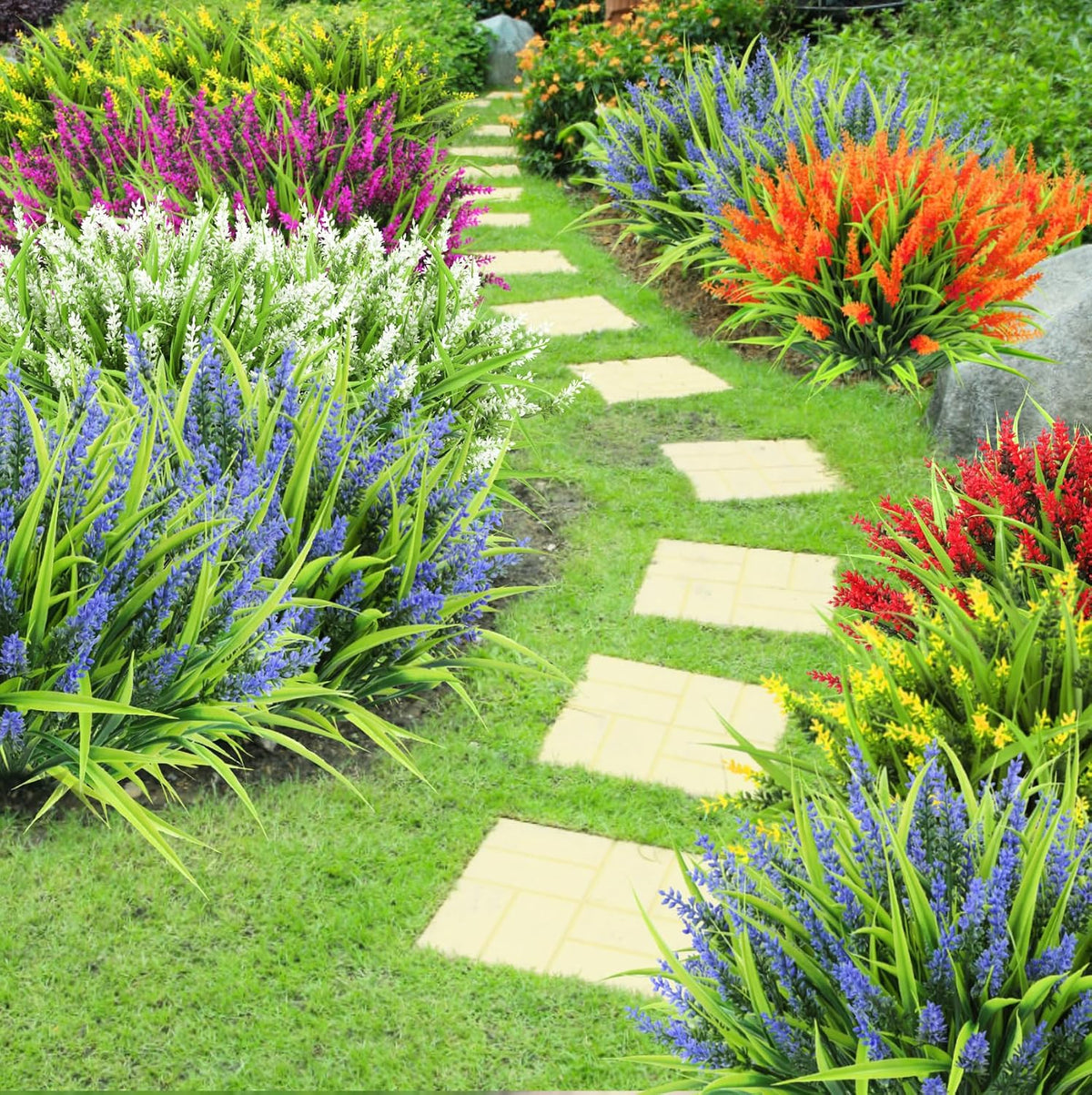 Ouddy Decor 24 Pcs Artificial Flowers for Outdoors Fake Lavender, Mixed | Realistic plastic flowers, faux monkey grass shrubs, UV resistant, for porch garden window box office home decorations