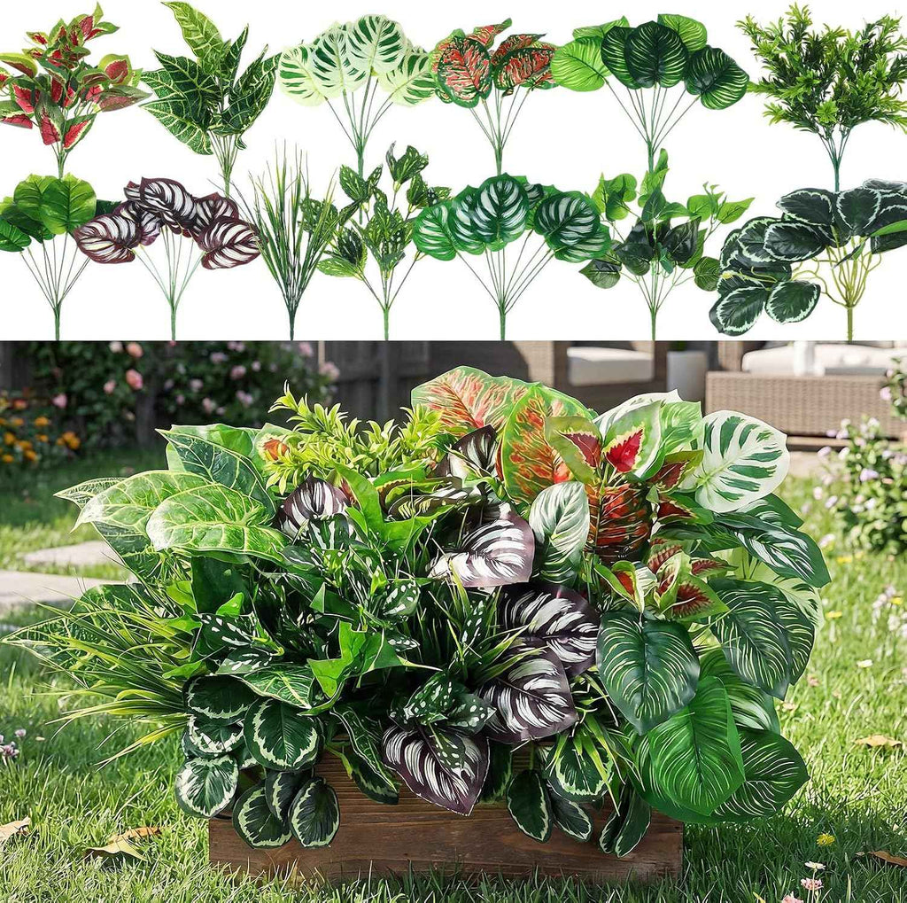 Giegxin 18 Pcs Outdoor Artificial Plants Flowers UV Resistant Fake Bushes Greenery Stems Faux Shrubs for Outdoor Window Box Patio Porch Yard Decor (Plant 3)