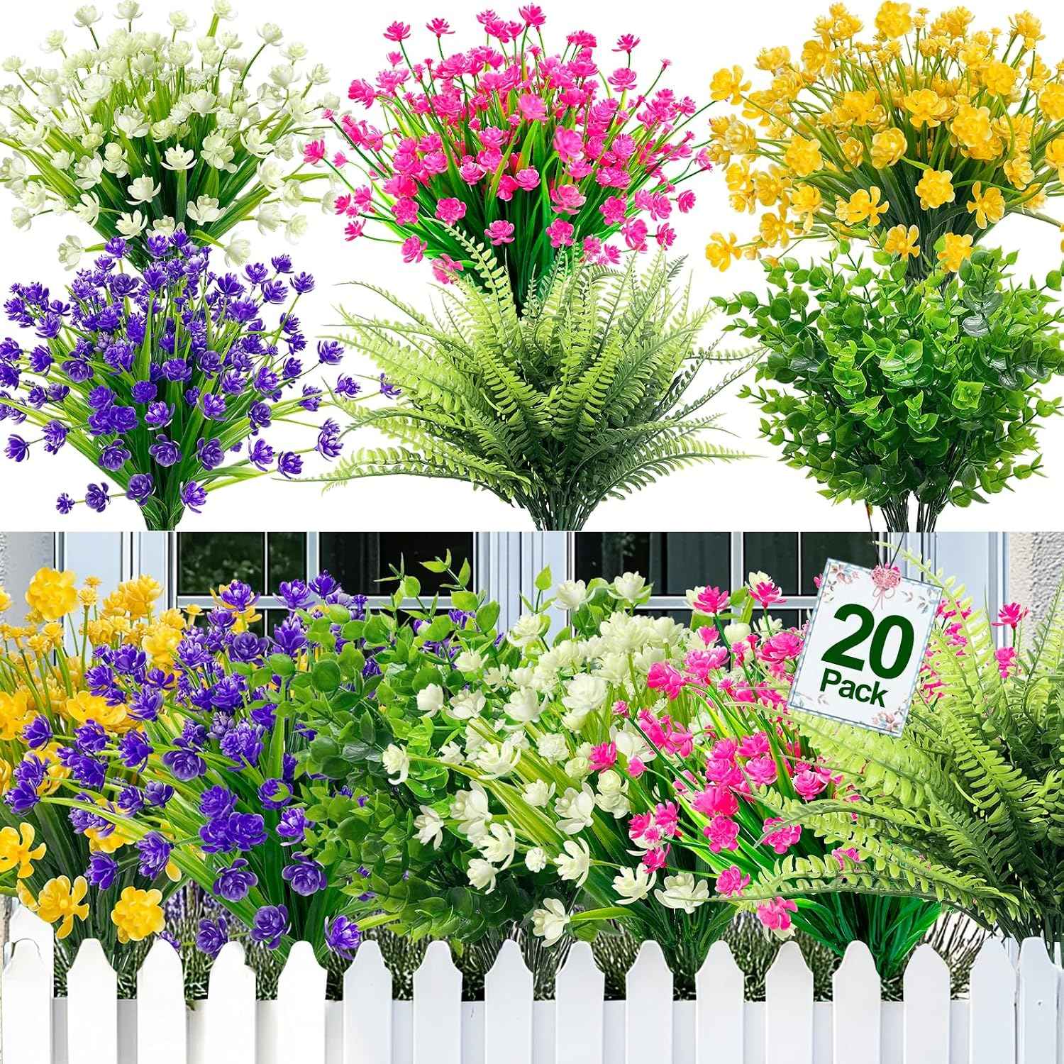 20 Bundles Artificial Flowers for Outdoors, Summer Spring Grass Camellia | Fake Flowers Fern Plants Eucalyptus, UV Resistant No Fade Faux Greenery for Garden Patio Outdoor Decor(Mixed 6 Styles 2)
