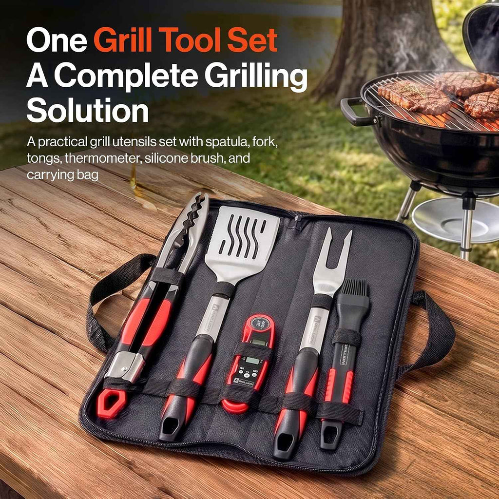 5PCS Grilling Tools for Outdoor Grills - Premium Grilling Utensil Set - Spatula, Tongs, Fork, Thermometer & Brush with Carrying Bag - BBQ Grill Sets for Men - BBQ Grill Accessories Gifts