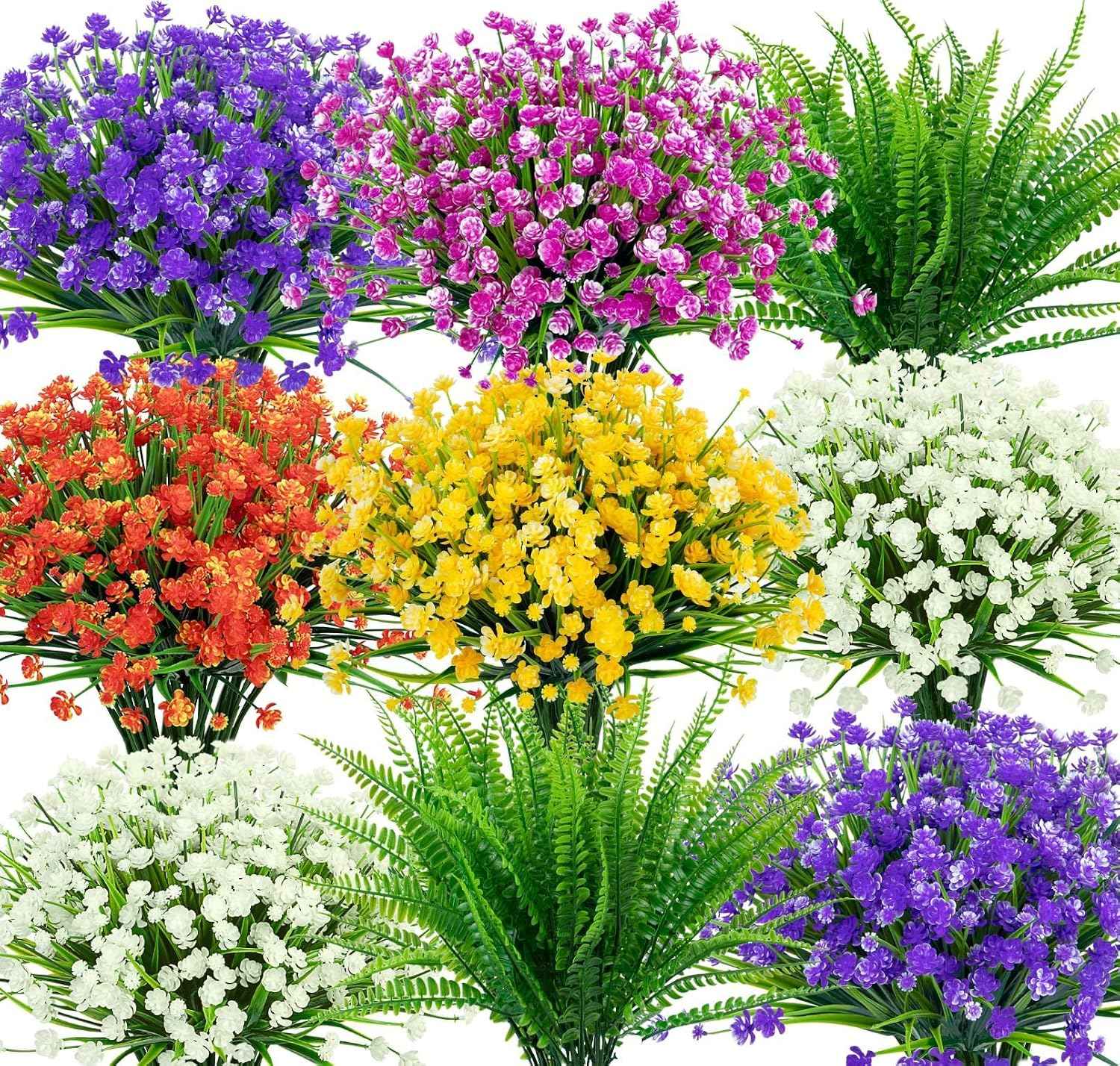 Ouddy Decor 24 Bundles Artificial Flowers for Outdoors Decor, Mixed Color | Fake plastic flowers, faux boston fern plants, greenery stems, UV resistant, indoor outdoor garden patio table home decor